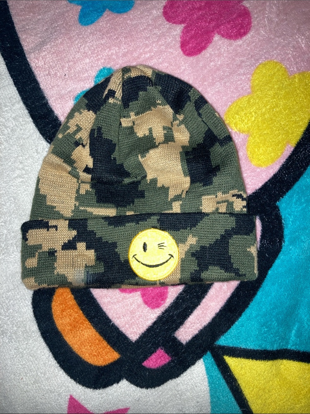 Joe Boxer Camo Beanie with Winking Smiley Patch